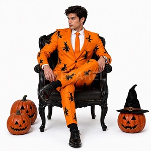 Men's Halloween Suit Orange Pumpkin Witch Print 2-Piece Costume, Spooky <b>Blazer</b> & Pants, Party Cosplay Outfit for Men - Product Image 5