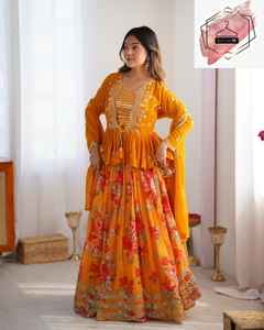Lehenga Choli imprimé orange avec Koti en Faux Georgette à imprimé numérique et broderie de fils avec sequins, Lehenga Koti avec Choli et Dupatta - Product Image 3
