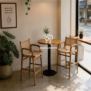 Rattan Bar <b>Stools</b> Set With Round Wood <b>Table</b> Minimalist Modern Design For Home Bar Commercial Use - Product Image 2