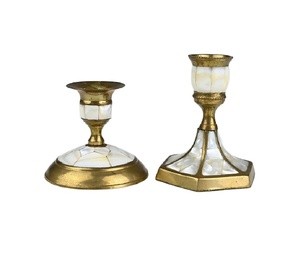 Pair of Vintage Brass Candle Holders With Mother of Pearl Inlay Home Decor Tabletop Accessories - Product Image 1
