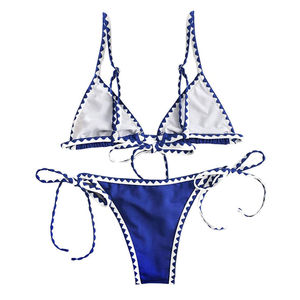 Women's <b>Blue</b> Bikini Set Triangle Neckline Contrast Binding Tie Side Bottoms 2 Piece Swimwear Stretch Fabric - Product Image 2