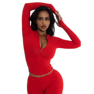 Mono largo rojo con capucha para mujer, de manga larga, cintura alta, control de abdomen, moldeador, casual, para todas las estaciones, de elastano y poliéster. - Product Image 3