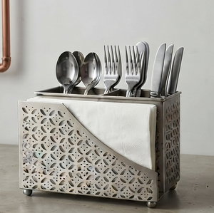 Modern Silver Metal Perforated Cutlery <b>Holder</b> with Napkin Slot Kitchen Utensil Organizer - Product Image 4