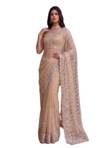 Sari élégant beige en résille avec broderie de perles, séchage rapide, pour mariage et soirée, style Bollywood, coupe classique, longueur ras du sol - Product Image 4