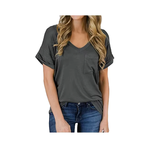 Camisetas de Cuello en V Extra Grandes para Mujer, 100% Algodón, Personalizables al por Mayor, con Bolsillo Frontal, Manga Corta, con su Propio Logotipo, Ropa de Verano para Mujer - Product Image 1