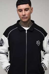Men's Black White Varsity Jacket Turn-down Collar <b>Covered</b> <b>Button</b> Windproof Embroidered Polyester/Cotton Streetwear Regular Fit - Product Image 1