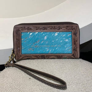 Cartera de cuero con cremallera occidental con pelo en cuero genuino metálico, tarjetero para mujer, Cartera de mano, bolso de mano Floral para mujer - Product Image 2