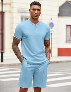 Conjunto de Shorts Casuales de Verano para Hombre, Color Azul Claro, Tejido de Punto, Secado Rápido, Color Sólido, Dos Piezas - Product Image 4