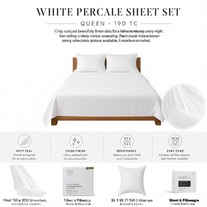 <b>White</b> 190 TC Percale Bed <b>Sheet</b> Set American Includes 4 Pieces-Fitted <b>Flat</b> Queen for Home Hotel Bedding Twin Option Available - Product Image 2