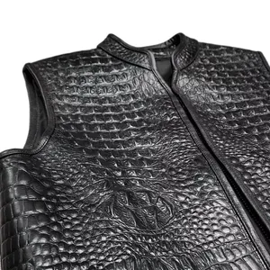 Gilet en cuir véritable pour homme, style motard, effet crocodile, fermeture éclair, vêtement d'extérieur d'automne, sans col, longueur standard - Product Image 2