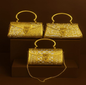 Rectangular <b>silver</b> brass hand <b>clutch</b> decorated with ornate floral scrollwork carvings, and colorful red and green at wholesale. - Product Image 3
