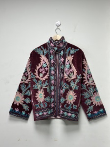 Maaunique Velvet Suzani Hand Embroidered Floral Winter Quick <b>Dry</b> 100% Cotton <b>Coat</b> Women Indian Style Handmade Uzbek Festival - Product Image 5
