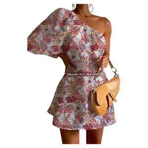Vestido de Fiesta Elegante de Verano con Estampado de Bloques, de un Solo Hombro y Manga Abullonada, Corto y Sexy para Mujer, Ideal para Club Nocturno - Product Image 6