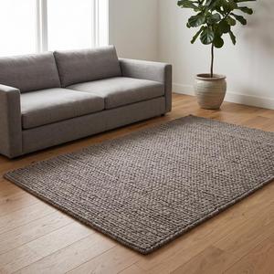 Tapis classique gris taupe uni en laine, tissé à la main avec un design texturé bouclé, décoration de sol rustique et naturelle pour salons - Product Image 1