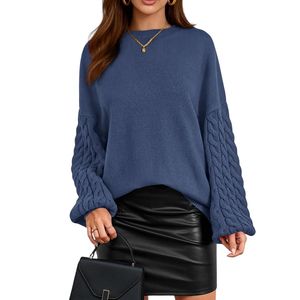 Custom Slate Blue <b>Women</b> Oversized <b>Sweaters</b> Comfortable <b>Cable</b> <b>Knit</b> Balloon Sleeve Breathable Acrylic Crewneck Jumpers - Product Image 1