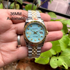 นาฬิกาจักรกลอัตโนมัติขนาด 36 มม. พร้อมฟังก์ชั่นวันที่แบบ Perpetual ขอบหน้าปัดแบบฟลูตสีทองสองสี หน้าปัดสีฟ้าอ่อนประดับเพชร รุ่นลิมิเต็ดอิดิชั่น คุณภาพสูง - Product Image 2