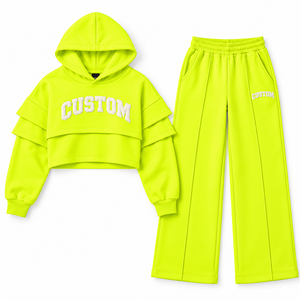 Ensemble de survêtement élégant pour femme, couleur vert lime fluo, comprenant un sweat à capuche court et un pantalon large, avec manches superposées personnalisées, en polaire, pour le loungewear, Fabricant - Product Image 3