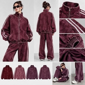 <b>Women</b> Gray Acid Wash Stand <b>Collar</b> Zip up Tracksuit Set Solid Loose Fit Streetwear Jacket and Pants Two Piece Casual Outfit - Product Image 3