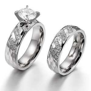 OAHLAN 18k Gold/<b>Silver</b> Plated Round Cut Cubic Zircon 6mm Hammered Stainless Steel <b>Rings</b> <b>for</b> Couples Women <b>Men</b> Engagement Wedding - Product Image 1