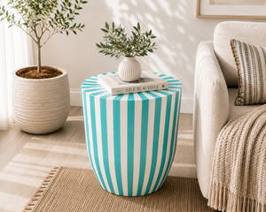 Mesa Auxiliar Redonda de Resina con Diseño de Rayas Estilo Costero, Mesa de Noche Contemporánea de Lujo con Incrustaciones de Hueso - Product Image 6