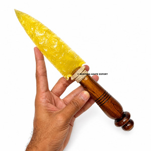 Magnifique manche de couteau décoratif portable haut de gamme de 8 pouces, sculpté à la main et gravé, en fibre optique jaune et pierre précieuse, motif pointe de flèche - Product Image 3