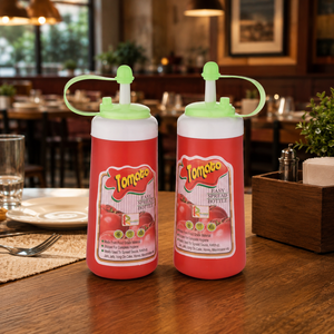 Bouteille de ketchup facile à servir en LDPE, distributeur de ketchup avec bouchon à vis, forme cylindrique, matériau PP de qualité alimentaire, impression sérigraphique - Product Image 1