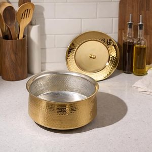 Modern Luxury Gold Hammered Casserole With <b>Lid</b> Round Metal Durable Polished Exterior - Product Image 4