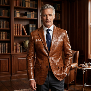Handmade Finished Men's Cognac Embossed Cow Skin <b>Leather</b> Zipper Vintage Winter <b>Blazer</b> | Luxury Custom Tailored Suit <b>Jacket</b> - Product Image 5