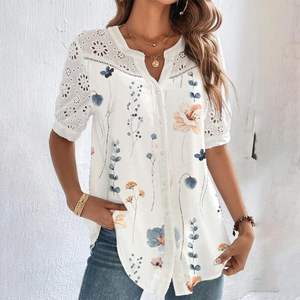 Blusa elegante de mujer Beige M con mangas cortas Casual de encaje y ajuste suelto-para fines de semana de vacaciones - Product Image 1