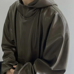 Sweat à capuche pour homme en cuir véritable de qualité supérieure avec doublure intérieure douce et confortable, capuche ajustable sur toute la longueur, bordure côtelée, service OEM - Product Image 6