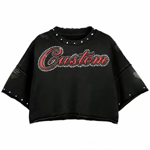 T-shirt court noir à strass, manches larges déchirées, col rond, lettres personnalisées, tee-shirt femme streetwear - Product Image 1