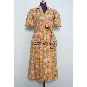 Robe midi florale en coton 100% écologique pour femme, style kangourou, col en V, manches courtes, décoration boutonnée, lavable - Product Image 1