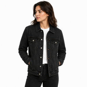 Chaqueta Vaquera Negra Personalizada para Mujer |   Chaqueta Vaquera Vintage Lavada al por Mayor |   Ropa de Moda de Marca Privada OEM - Product Image 1