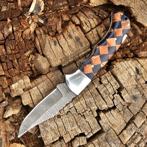 Couteau pliant en acier Damas Viking Art FH-10, manche en bois et résine, fait main, pointe tombante, 8,5 pouces, étui en cuir, DIY OEM, extérieur, EDC - Product Image 6