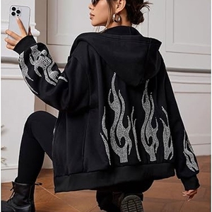 Sweat-shirt à capuche noir pour femme, manches longues, couleur unie, tricoté en polyester, coupe oversize, fermeture éclair sur le devant, imprimé flamme pailleté, style automne - Product Image 6