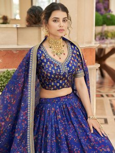 Blue Floral Organza Maxi Lehenga Choli Summer Evening Dress with <b>Sequin</b> Embroidery Dupatta Bollywood Wedding Outfit - Product Image 3