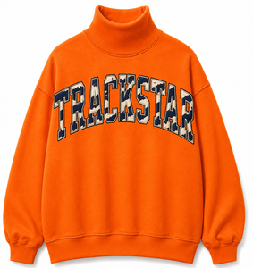 Custom Trackstar Flame Pattern Letter Applique Women's Oversized Orange Mock <b>Neck</b> Cotton Fleece Sweatshirt - Product Image 1