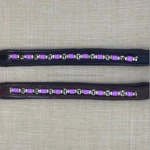Made in India Handmade Empty Channel Leather Horse Brow Band Durable Edge <b>Stitching</b> & Padding With1row of Green <b>Crystals</b> Bling - Product Image 6