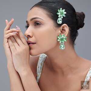 PRAO's Radiant <b>Green</b> Crystal Pear Cut Danglers Fine Dangle Earrings - Product Image 1