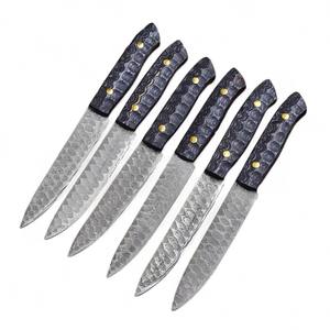 มีดสเต็กเหล็กดามัสกัสตีขึ้นรูปด้วยมือ ใบมีด 4.5 นิ้ว ด้ามไม้ปักก้า ใช้ได้ทั้งมือซ้ายและขวา ผิวขัดเงา คมกริบ ผลิตตามแบบ OEM ขั้นต่ำในการสั่งซื้อน้อย - Product Image 1