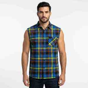Camisa de Franela a Cuadros sin Mangas para Hombre, Textura Sólida Personalizada, con Botones, Estilo Casual de Verano, con Bolsillo, Camisa de Algodón para Hombre al por Mayor - Product Image 4