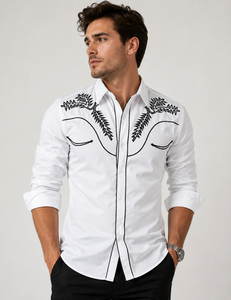 Camisa Western Bordada para Hombre, Blanca y Negra, con Diseño de Flecha y Ribete, Corte Ajustado, Manga Larga, Cierre de Perlas - Product Image 1