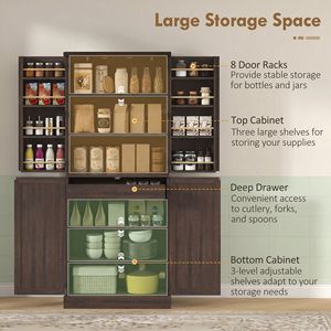 72-Inch Tall Distressed Brown Farmhouse <b>Kitchen</b> <b>Pantry</b> Cabinet with 8 Door Racks and Adjustable Shelves - Product Image 4