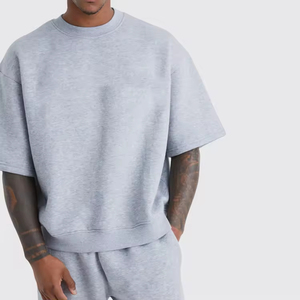 Top Selling Men's Light Gray Crew Neck <b>Short</b> <b>Sleeve</b> <b>Sweatshirt</b> & Matching Sweatpants Boxy Fit Tracksuit Set Solid Color OEM - Product Image 5