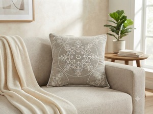 Luxury 100% Linen Embroidered <b>Cushion</b> <b>Cover</b> with Scalloped Edge | Premium Decorative Throw Pillow <b>Cover</b> - Product Image 2