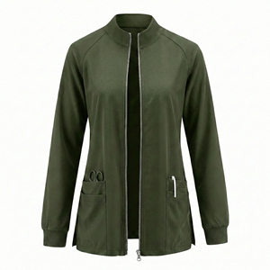 Blouse médicale personnalisée à prix de gros, fermeture éclair sur le devant, sans col, manches longues, poignets tricotés, ourlet ventilé - Product Image 6