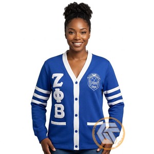 GREEK TREASURES เสื้อคาร์ดิแกนไหมพรมปักลายสำหรับผู้หญิง Zeta Phi Beta รุ่นขายดี ราคาประหยัด แบบสั่งทำพิเศษ แห้งเร็ว คอวี สำหรับฤดูหนาว - Product Image 1