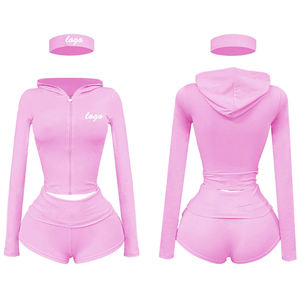 Ensemble de sport rose 2 pièces pour femme avec capuche et fermeture éclair, manches courtes, shorts, coupe régulière, respirant, tricoté, pour le printemps et l'été - Product Image 1