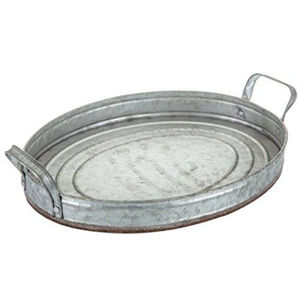Bandeja ovalada de metal galvanizado estilo rústico con asas, centro de mesa decorativo para decoración del hogar, cocina, uso en interiores y exteriores - Product Image 1