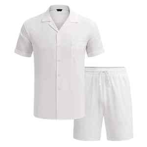 Men's Olive Green Short Sleeve Shirt And Shorts <b>Set</b> Solid Color <b>Knitted</b> Cotton Breathable Casual Summer Wear Turn-down Collar - Product Image 5